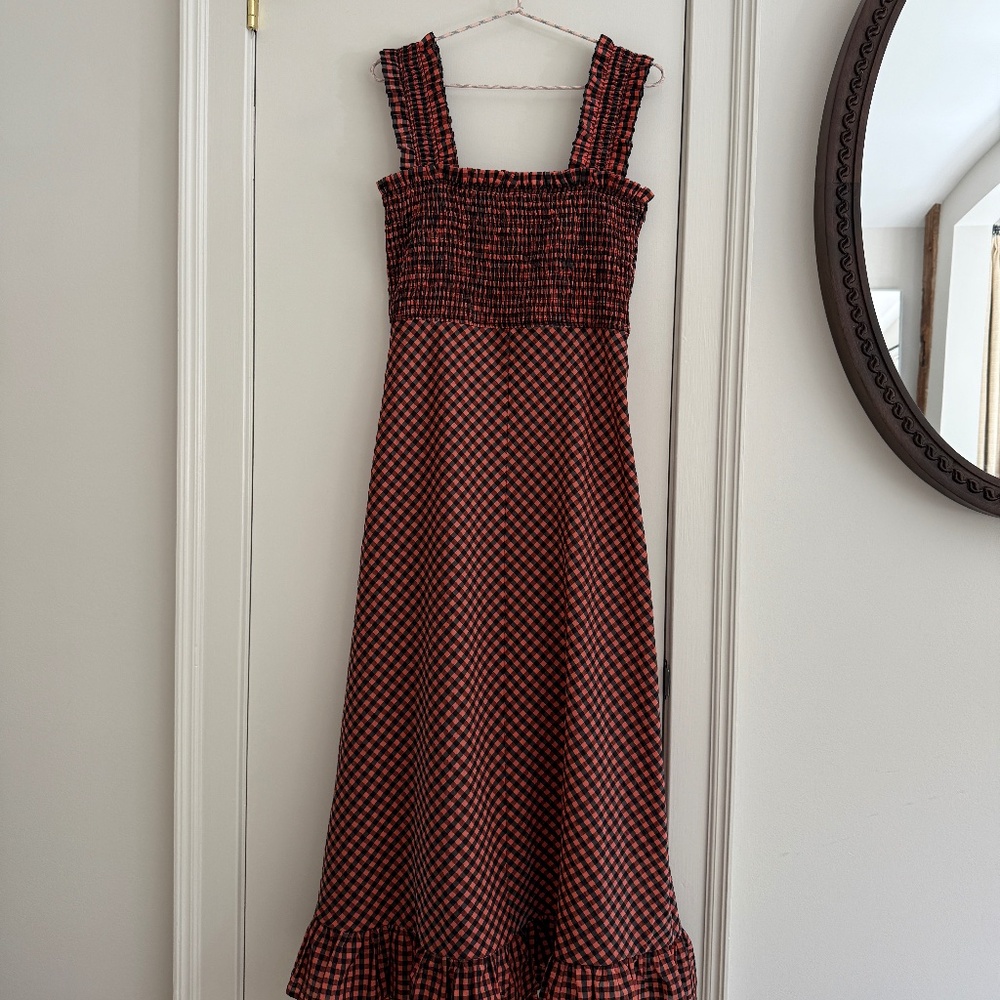 GANNI Seersucker Gingham Smocked Maxi Dress Rust Black 38 - Picture 2 of 9